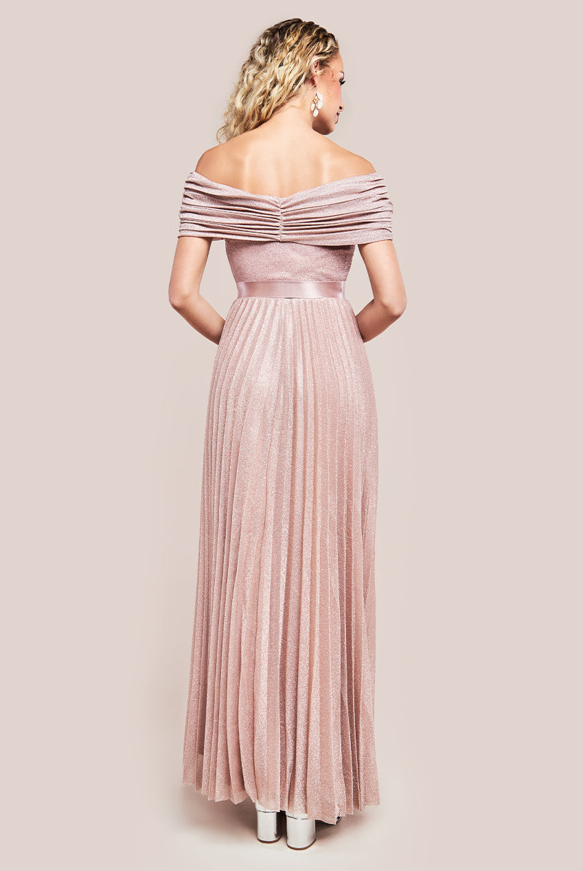 Goddiva Bardot Pleated Skirt Maxi Dress - Blush
