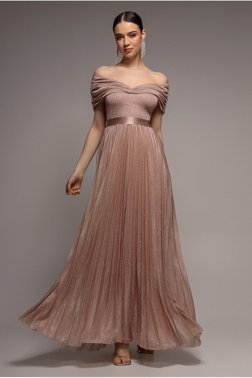 Goddiva Bardot Pleated Skirt Maxi Dress - Blush