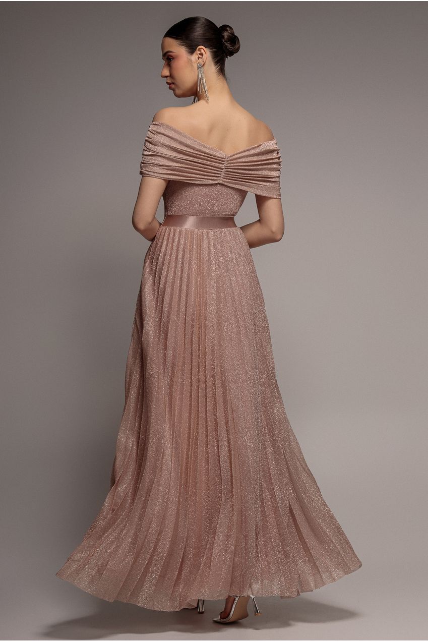 Goddiva Bardot Pleated Skirt Maxi Dress - Blush