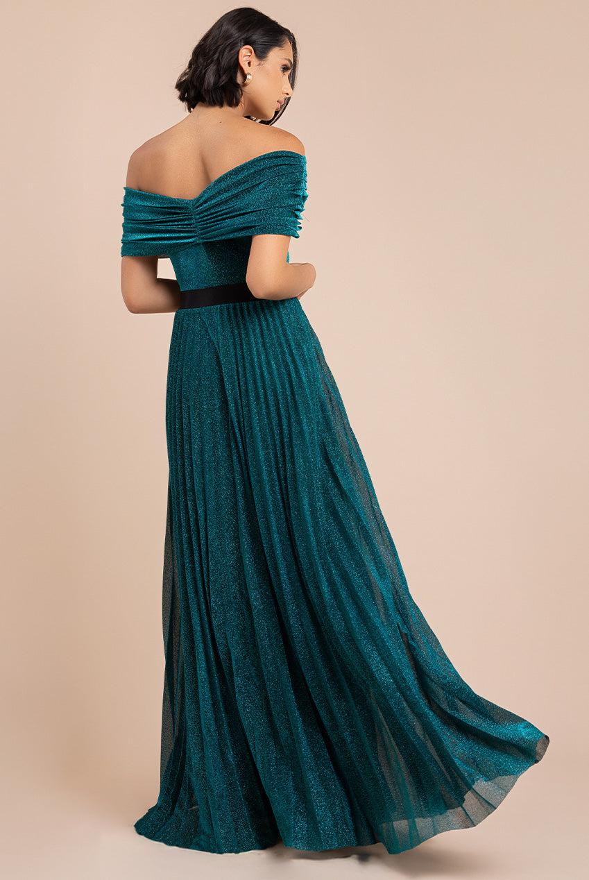 Goddiva Bardot Pleated Skirt Maxi Dress - Emerald