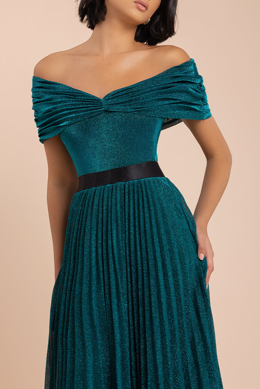 Goddiva Bardot Pleated Skirt Maxi Dress - Emerald