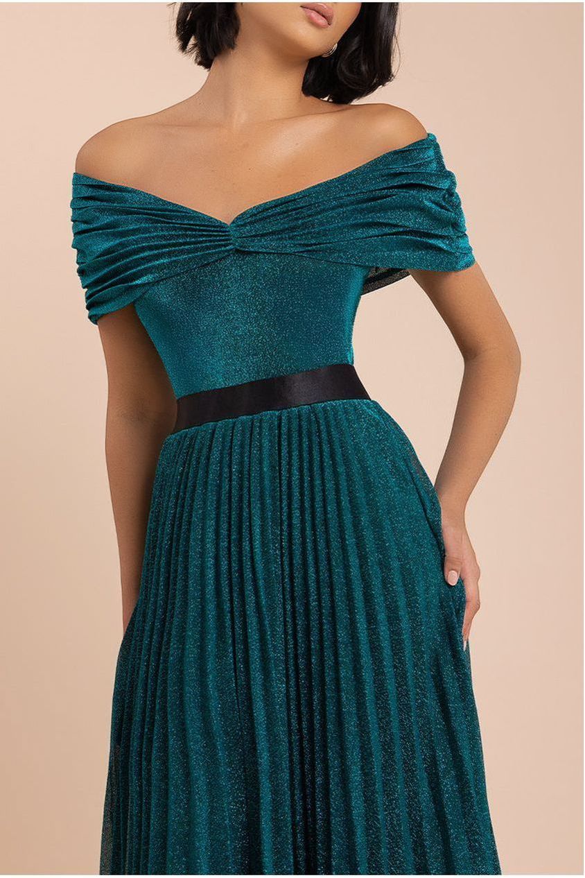 Goddiva Bardot Pleated Skirt Maxi Dress - Emerald