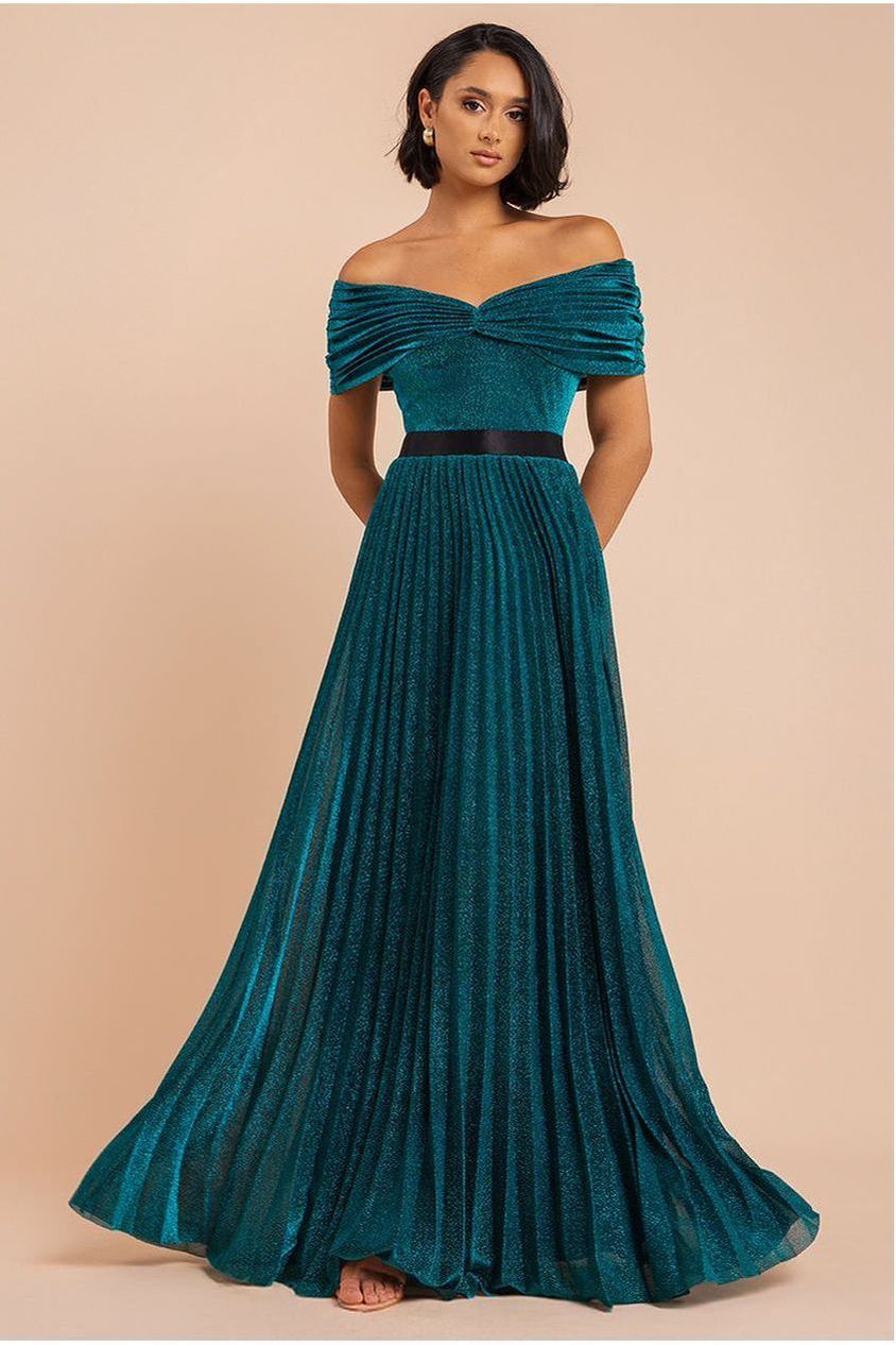 Goddiva Bardot Pleated Skirt Maxi Dress - Emerald