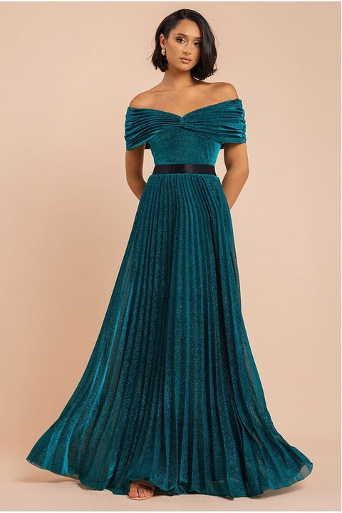 Goddiva Bardot Pleated Skirt Maxi Dress - Emerald