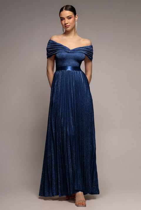 Goddiva Bardot Pleated Skirt Maxi Dress - Navy