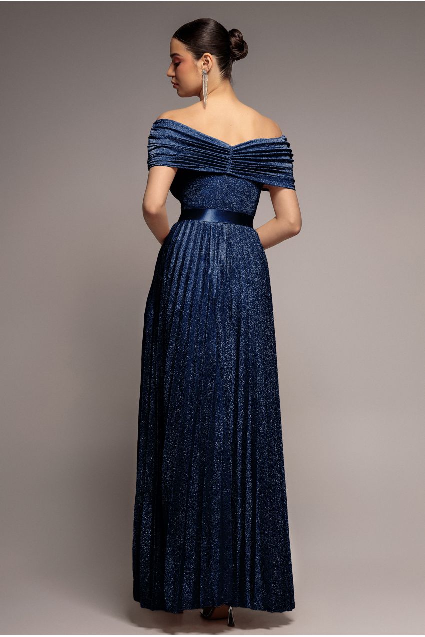 Goddiva Bardot Pleated Skirt Maxi Dress - Navy