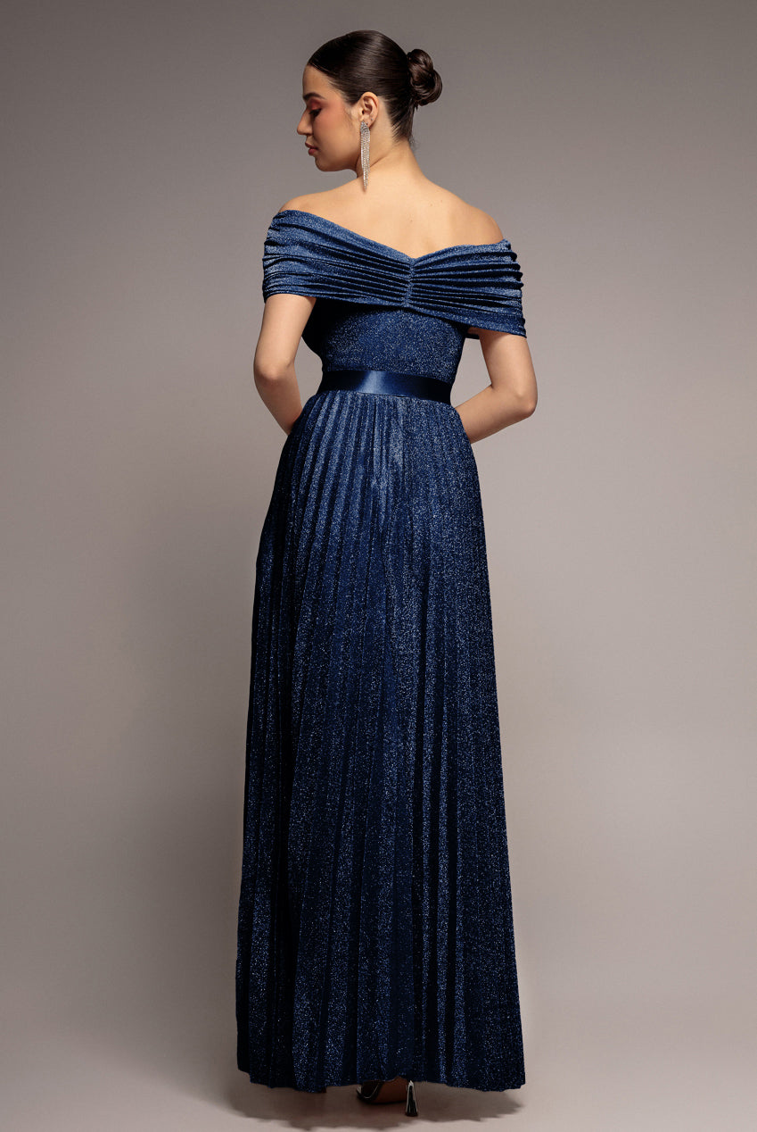 Goddiva Bardot Pleated Skirt Maxi Dress - Navy