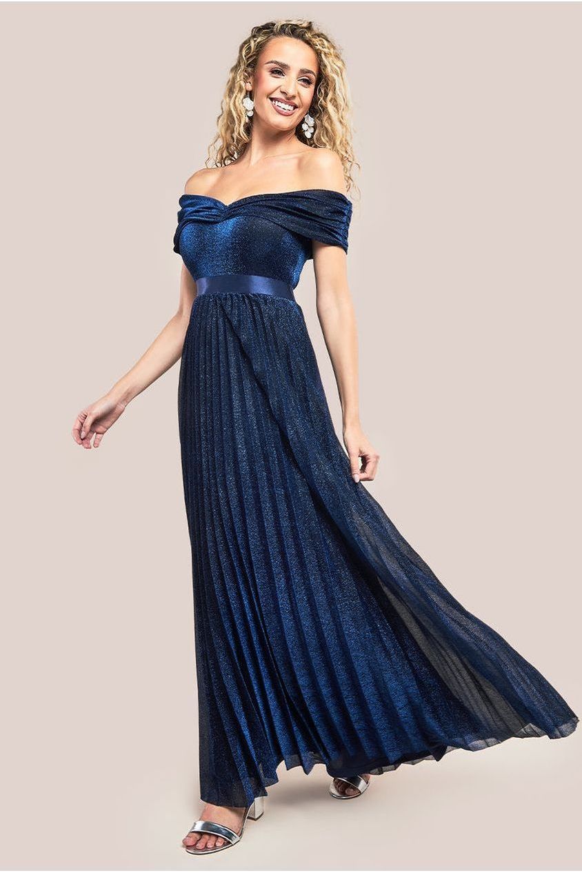 Goddiva Bardot Pleated Skirt Maxi Dress - Navy