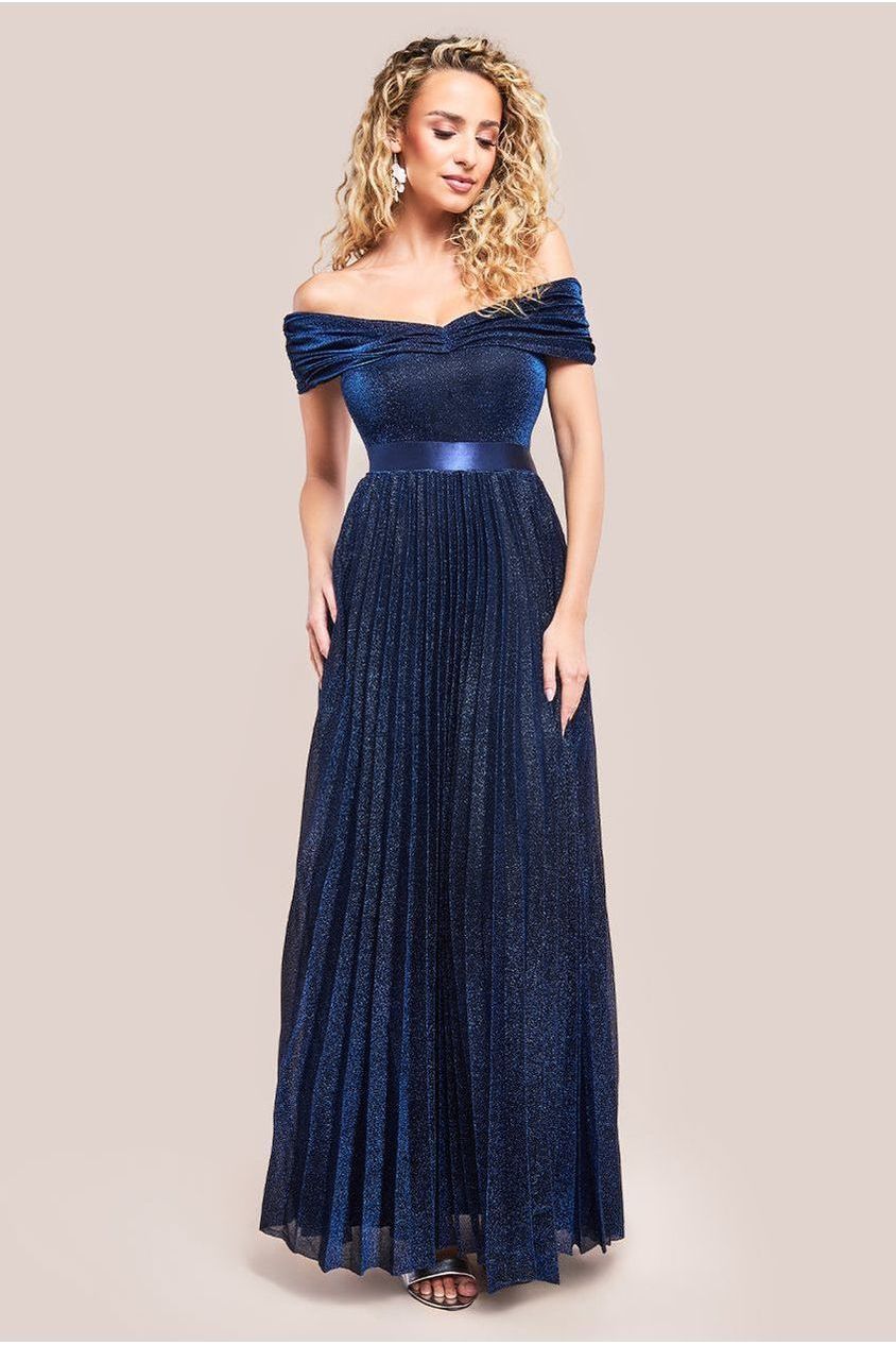 Goddiva Bardot Pleated Skirt Maxi Dress - Navy