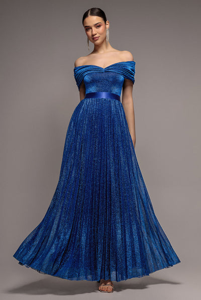 RoyalBlue - Goddiva Bardot Pleated Skirt Maxi Dress - Royalblue