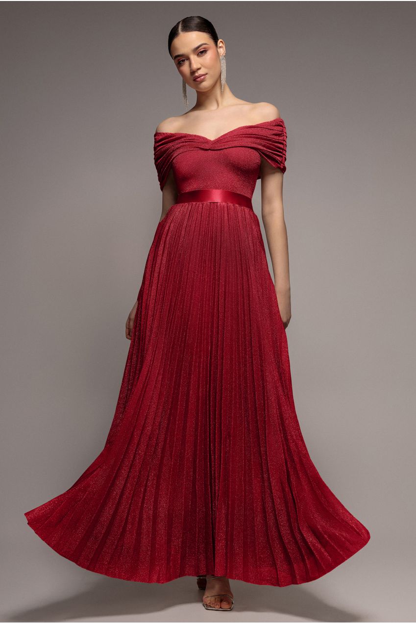 Goddiva Bardot Pleated Skirt Maxi Dress - Wine