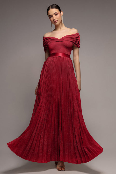 Goddiva Bardot Pleated Skirt Maxi Dress - Wine