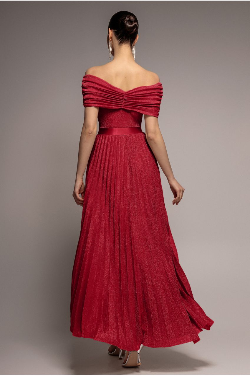 Goddiva Bardot Pleated Skirt Maxi Dress - Wine