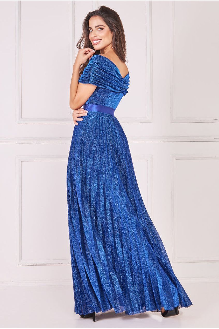 Goddiva Bardot Pleated Skirt Maxi Dress - Royalblue