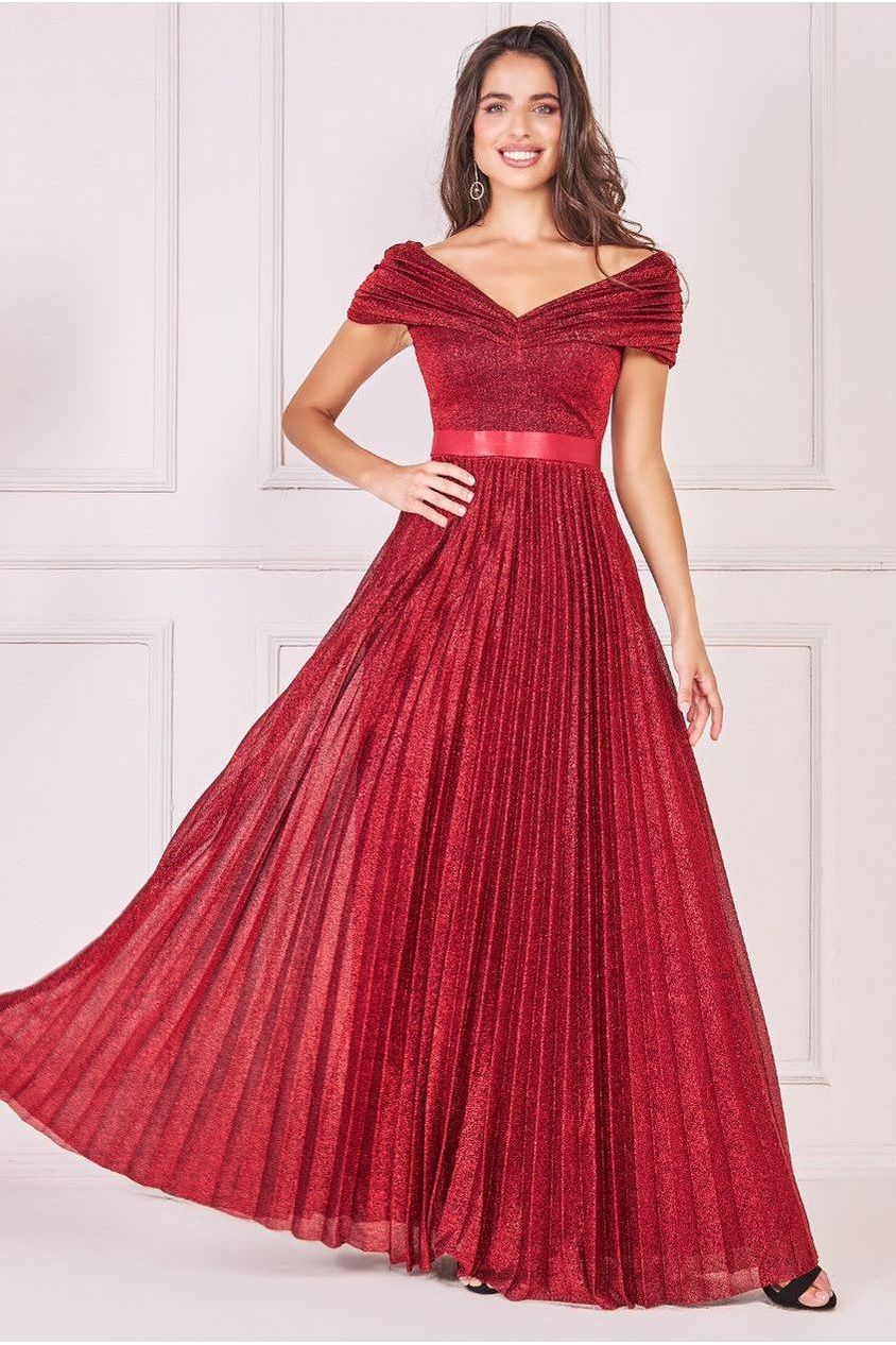 Goddiva Bardot Pleated Skirt Maxi Dress - Wine