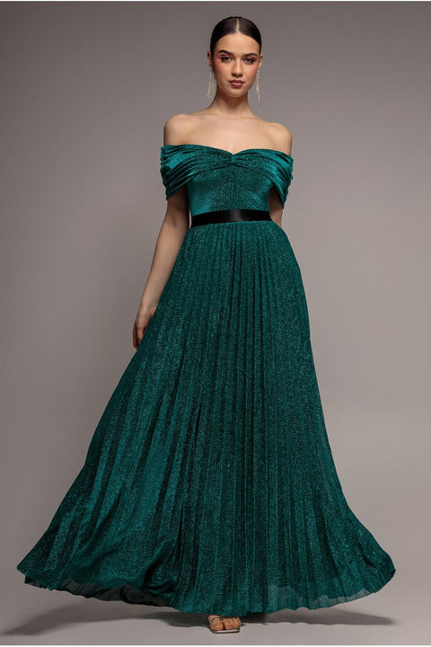 Goddiva Bardot Pleated Skirt Maxi Dress - Emerald