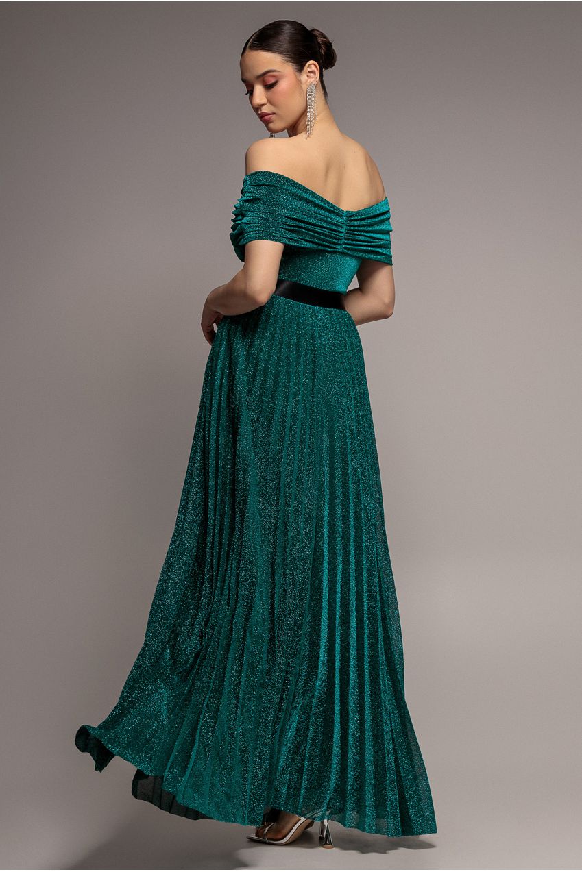 Goddiva Bardot Pleated Skirt Maxi Dress - Emerald