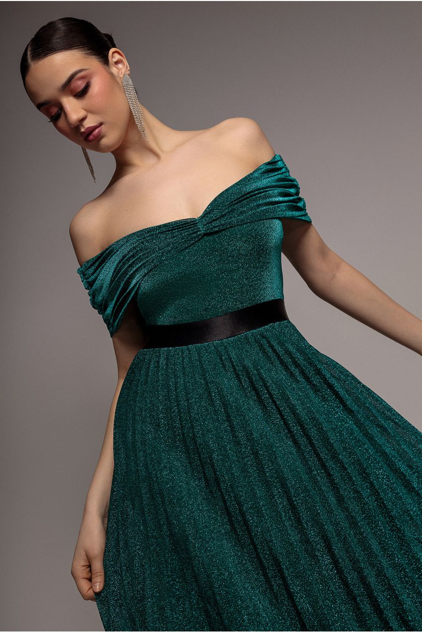 Goddiva Bardot Pleated Skirt Maxi Dress - Emerald