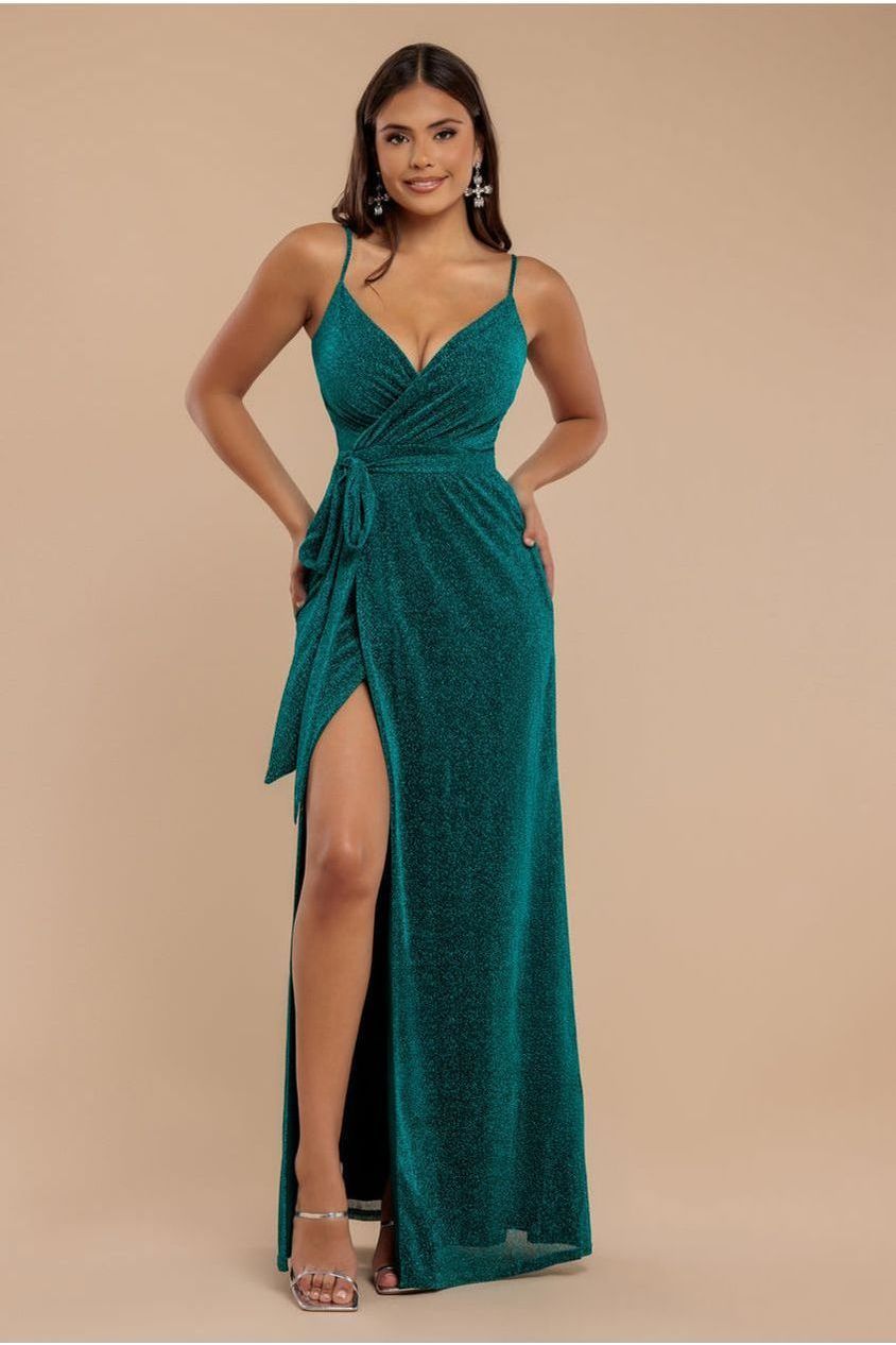 Goddiva Wrap Style Spaghetti Strap Maxi With Split - Emerald