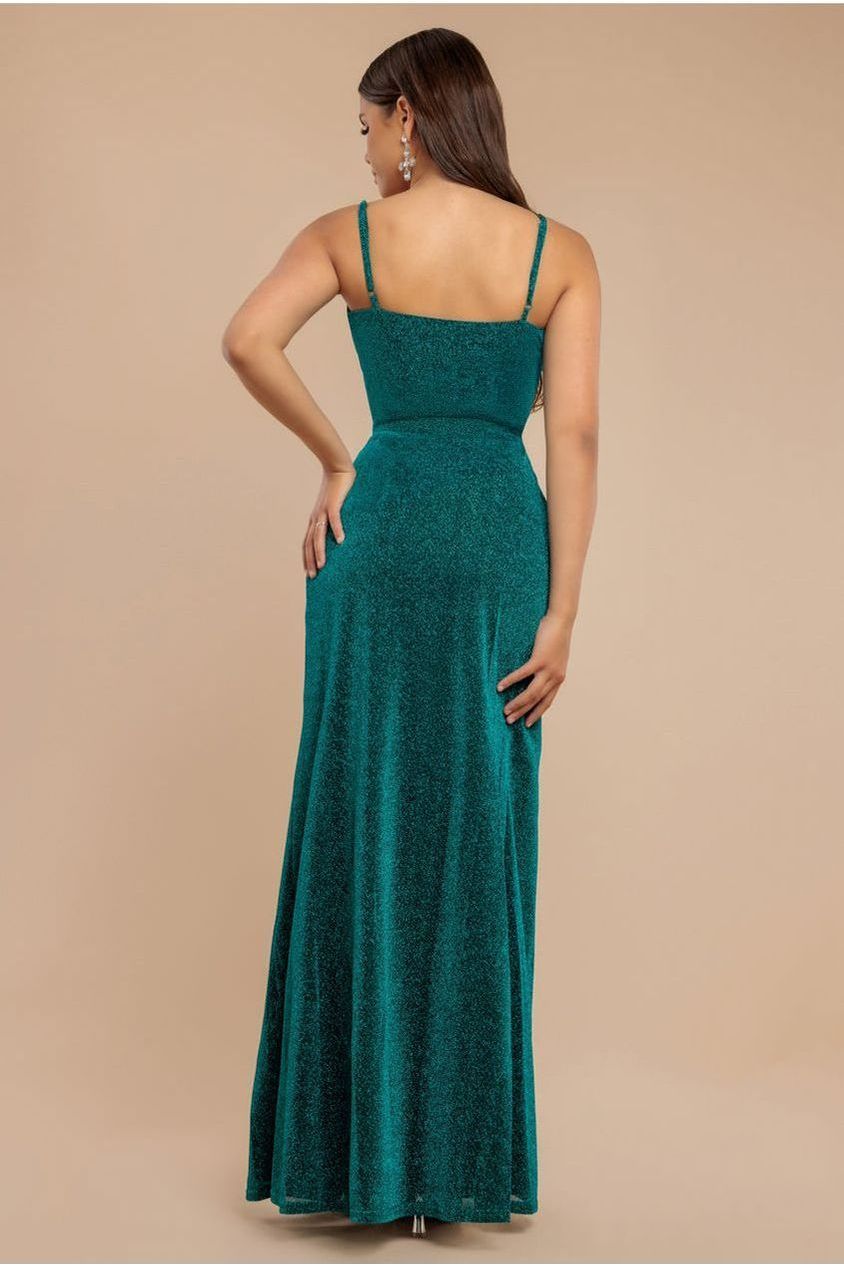 Goddiva Wrap Style Spaghetti Strap Maxi With Split - Emerald