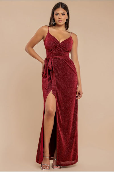 Red - Goddiva Wrap Style Spaghetti Strap Maxi With Split - Red