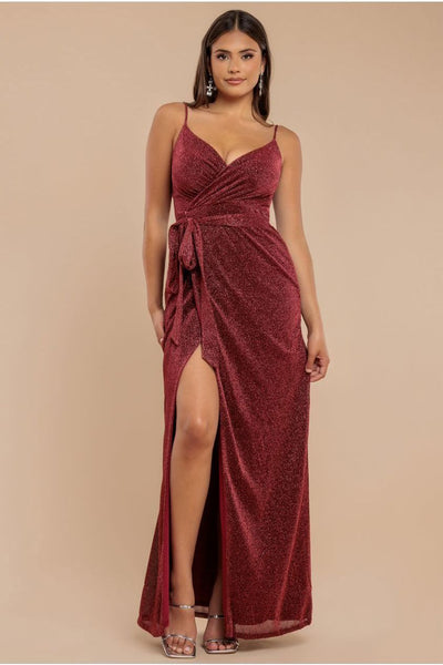 Wine - Goddiva Wrap Style Spaghetti Strap Maxi With Split - Wine
