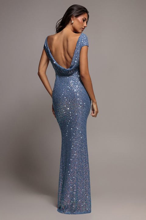 Goddiva Cowl Back Sequin Maxi Dress - Blue