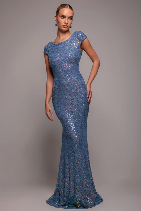 Goddiva Cowl Back Sequin Maxi Dress - Blue