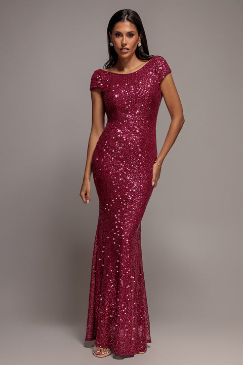 Goddiva Cowl Back Sequin Maxi - Burgundy