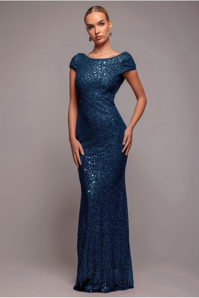 Navy - Goddiva Cowl Back Sequin Maxi Dress - Navy