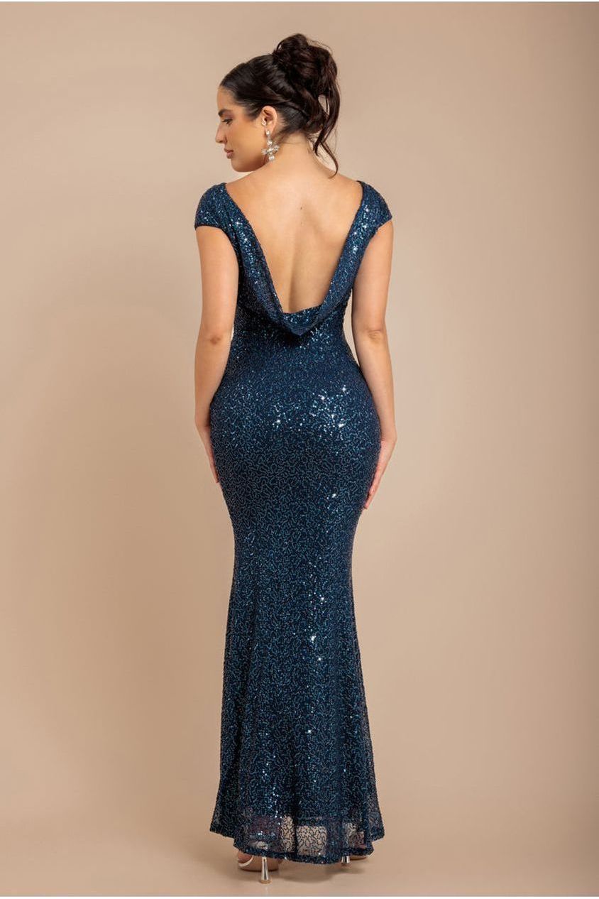 Goddiva Cowl Back Sequin Maxi Dress - Navy