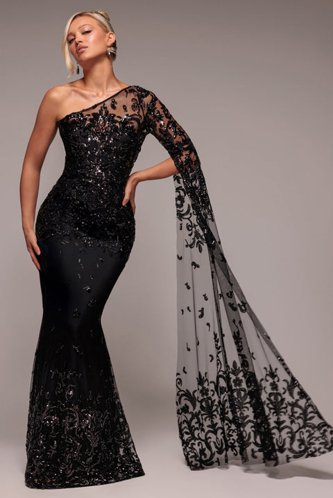 Goddiva Sequin Mesh One Shoulder Evening Maxi Dress - Black