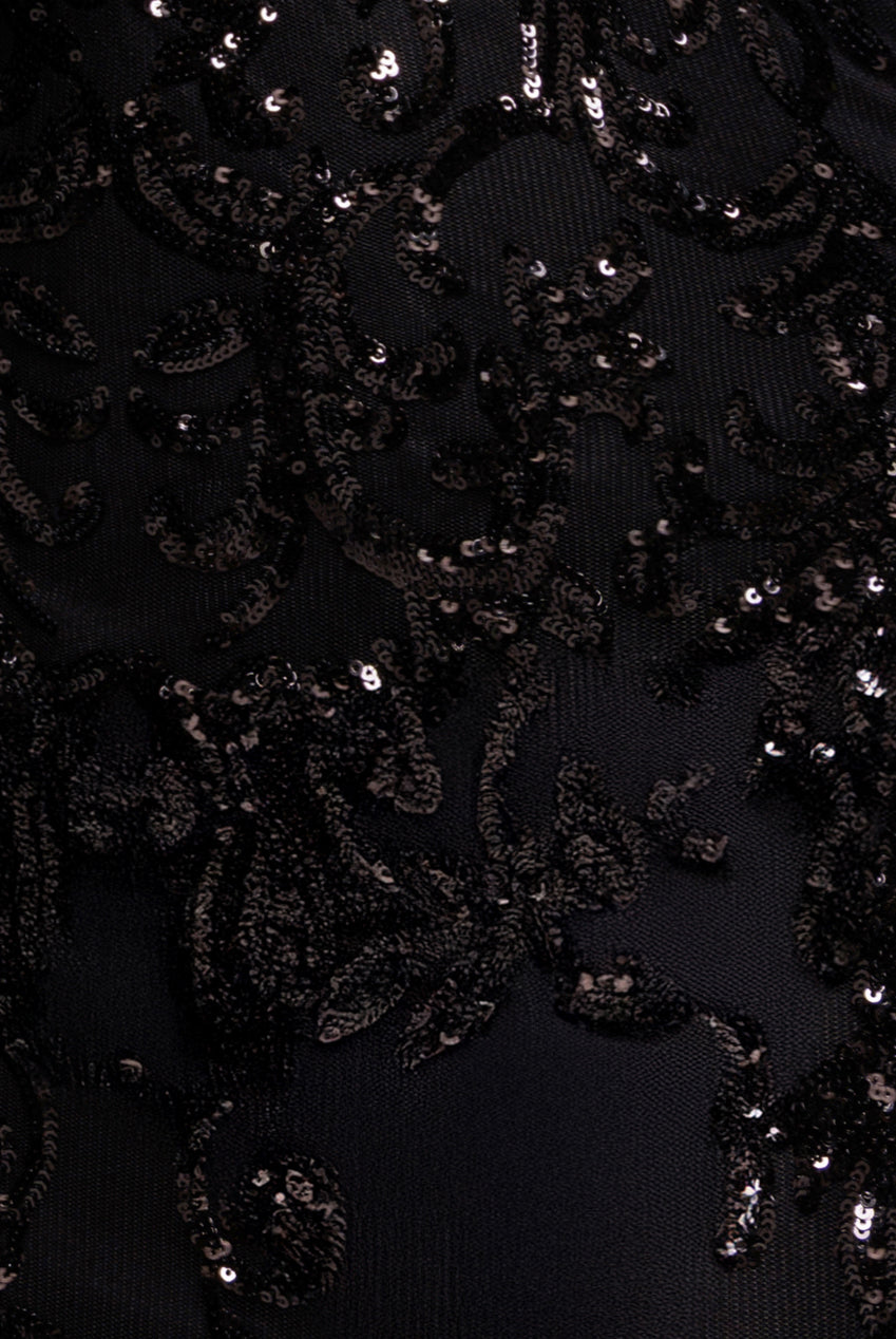 Goddiva Sequin Mesh One Shoulder Evening Maxi Dress - Black