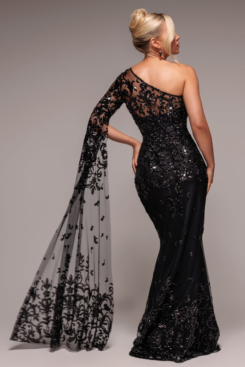 Goddiva Sequin Mesh One Shoulder Evening Maxi Dress - Black