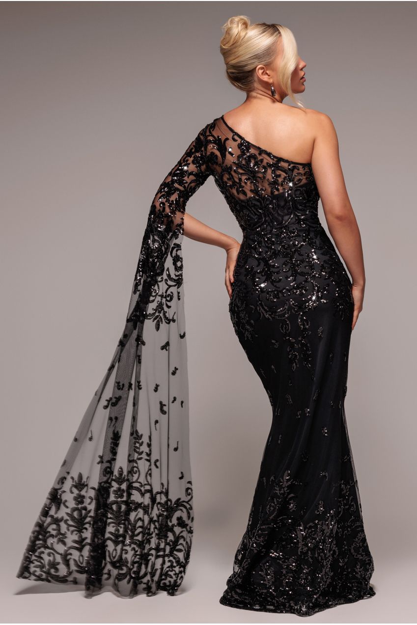 Goddiva Sequin Mesh One Shoulder Evening Maxi Dress - Black