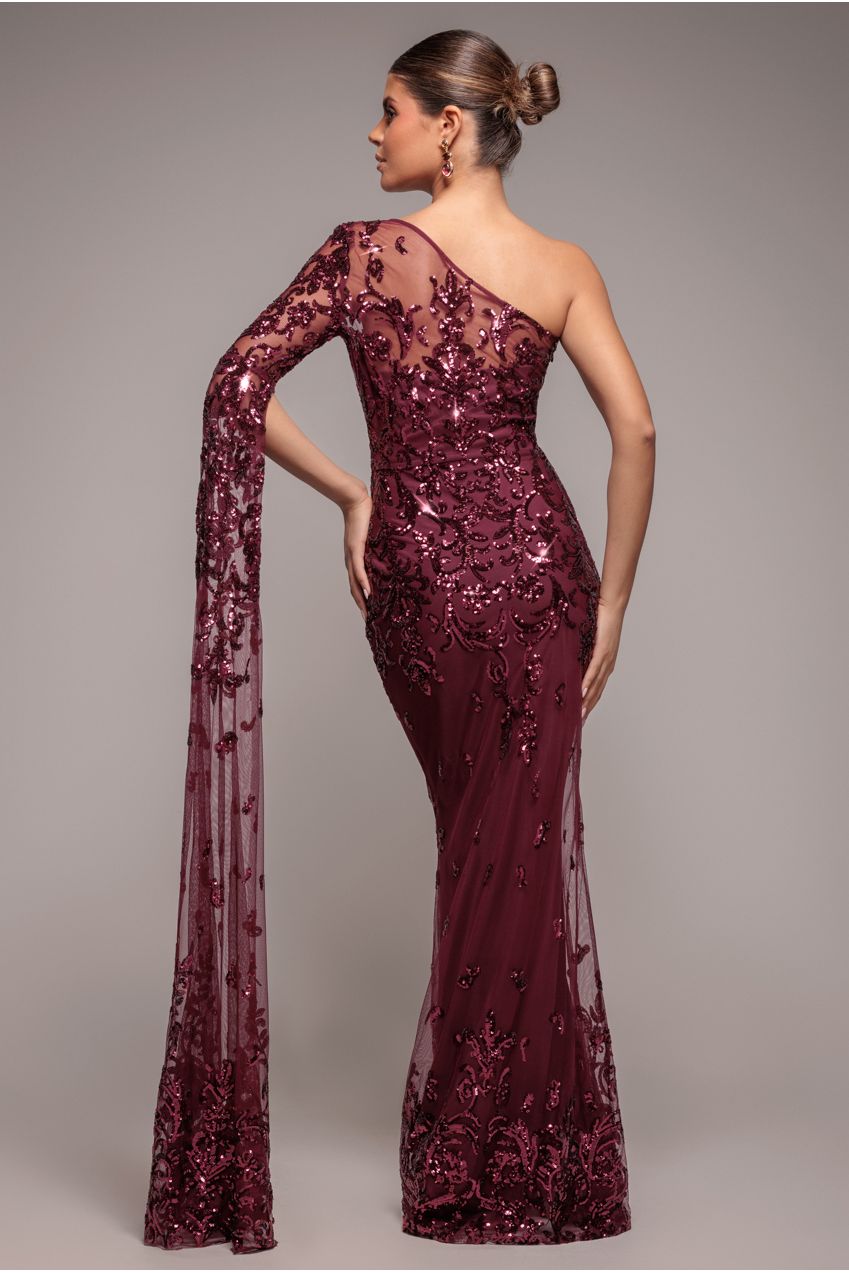 Goddiva Sequin Mesh One Shoulder Evening Maxi - Burgundy