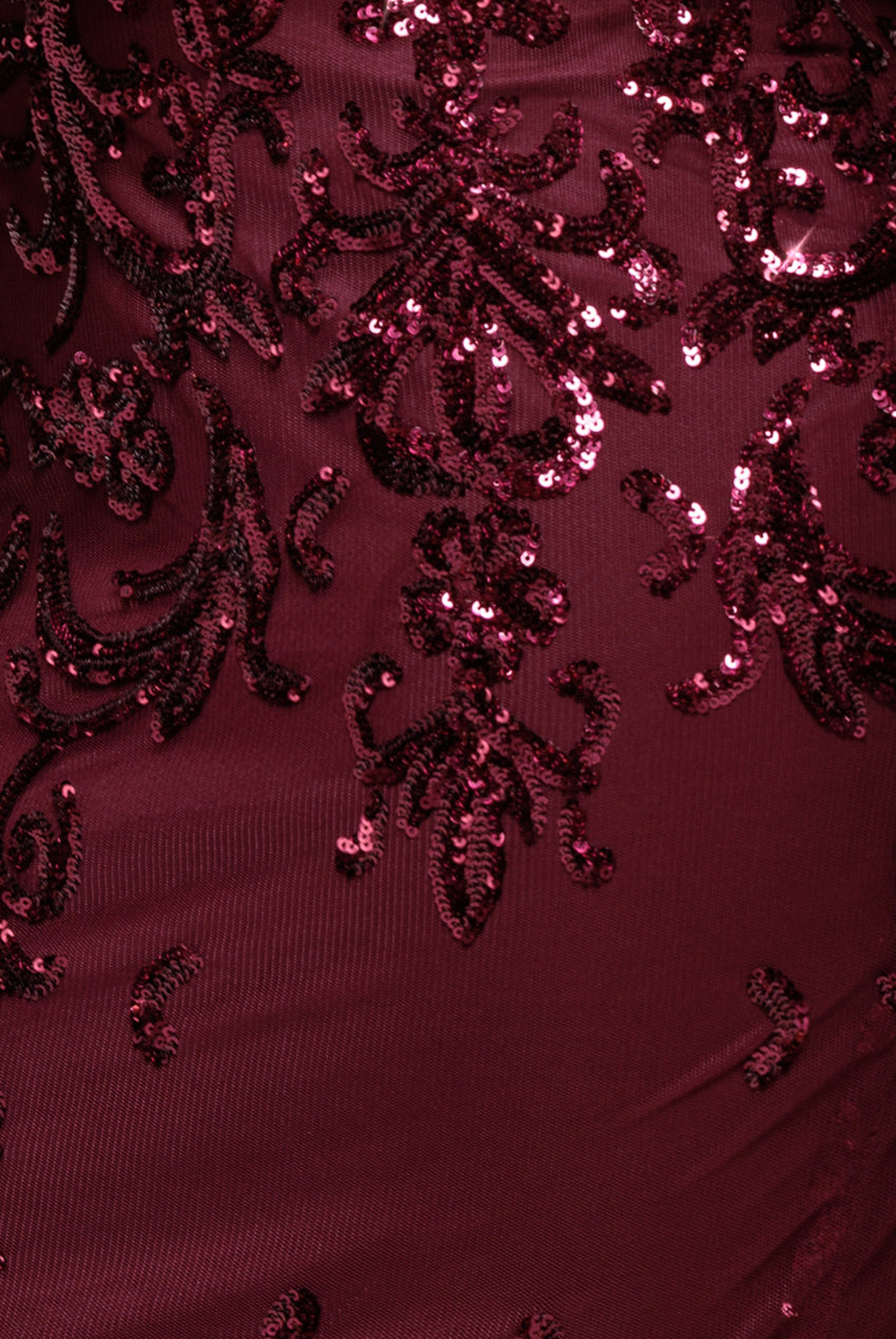 Goddiva Sequin Mesh One Shoulder Evening Maxi - Burgundy