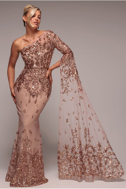 Goddiva Sequin Mesh One Shoulder Evening Maxi Dress - Champagne