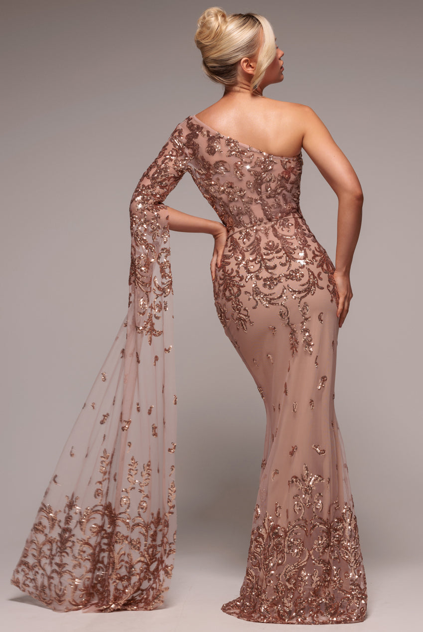 Goddiva Sequin Mesh One Shoulder Evening Maxi Dress - Champagne