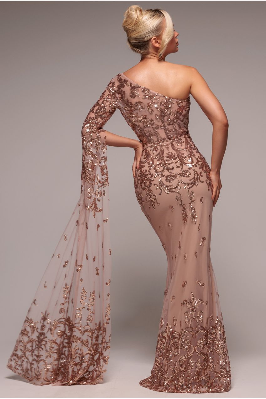 Goddiva Sequin Mesh One Shoulder Evening Maxi Dress - Champagne