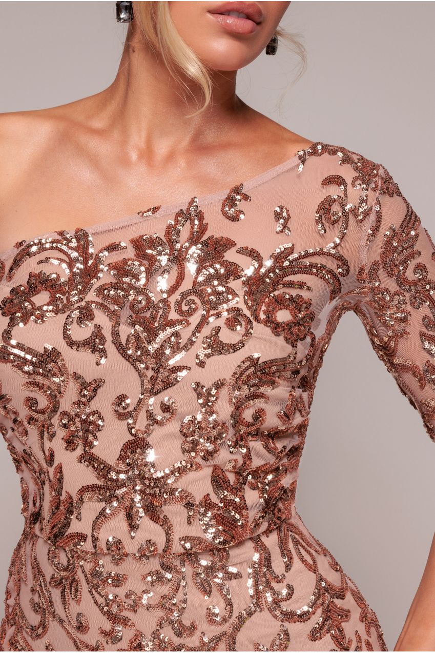 Goddiva Sequin Mesh One Shoulder Evening Maxi Dress - Champagne