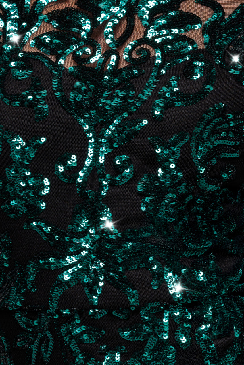 Goddiva Sequin Mesh One Shoulder Evening Maxi Dress - Emerald Green