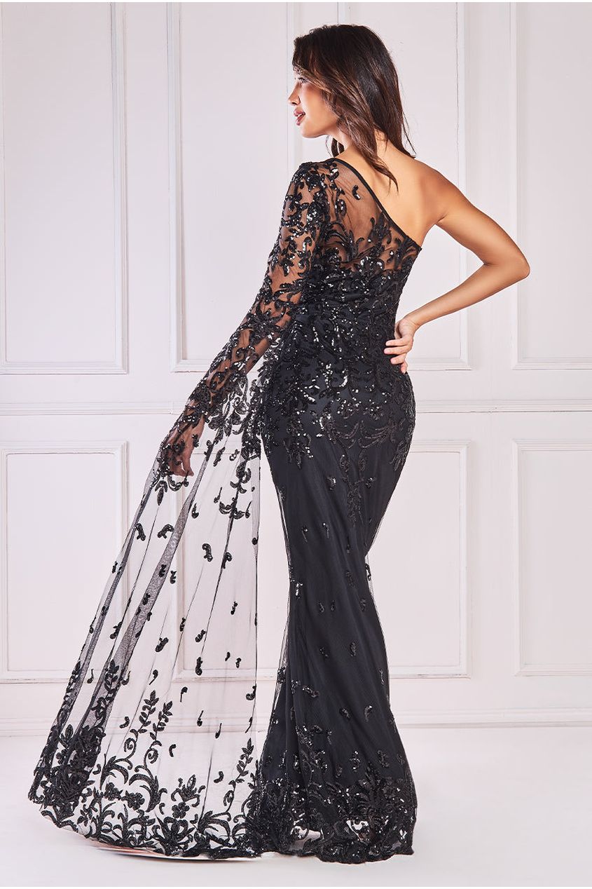 Goddiva Sequin Mesh One Shoulder Evening Maxi - Black