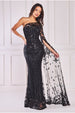 Goddiva Sequin Mesh One Shoulder Evening Maxi - Black