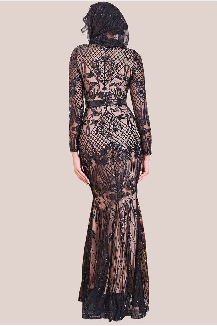 Goddiva Modesty Sequin Evening Maxi Dress - Black