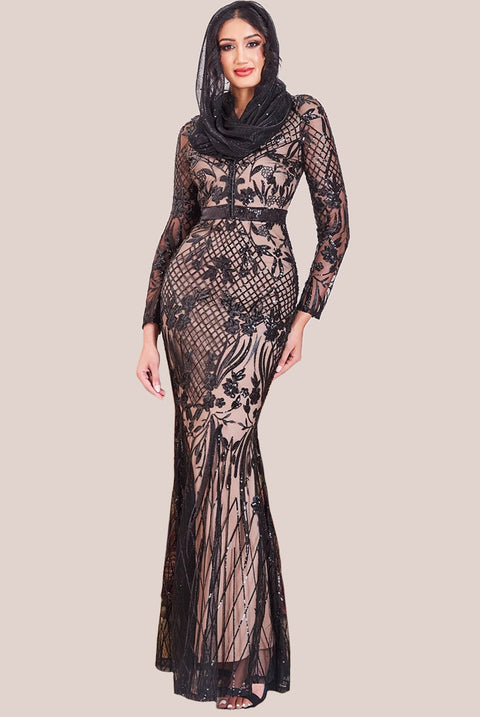 Goddiva Modesty Sequin Evening Maxi Dress - Black