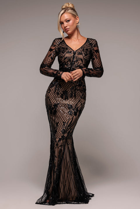 Goddiva Full Sleeve Sequin Evening Dress - Black