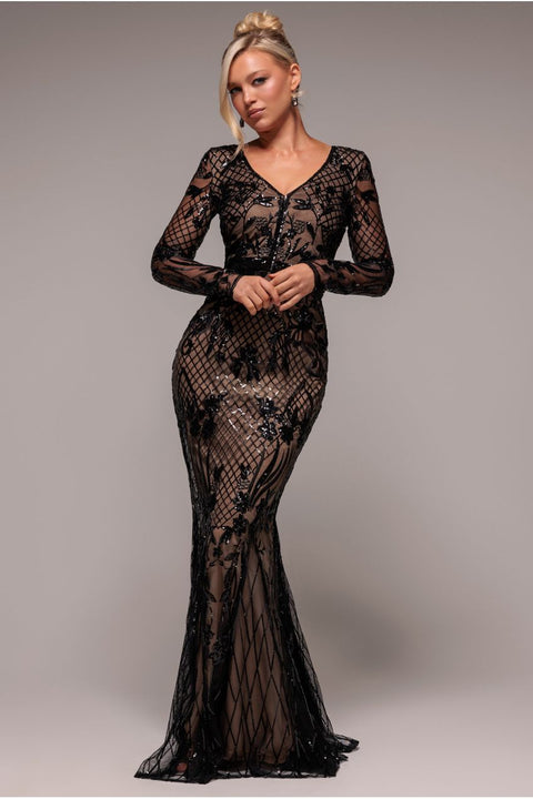 Goddiva Full Sleeve Sequin Evening Dress - Black