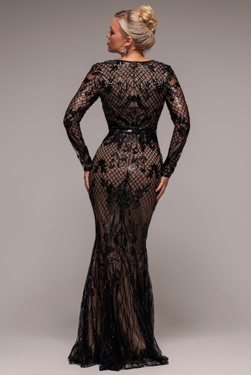 Goddiva Full Sleeve Sequin Evening Dress - Black