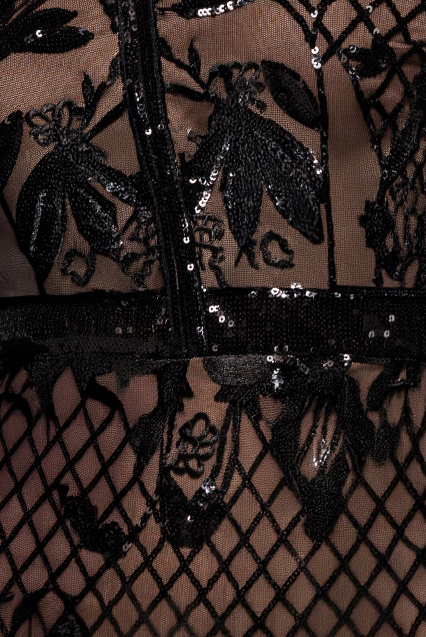 Goddiva Full Sleeve Sequin Evening Dress - Black